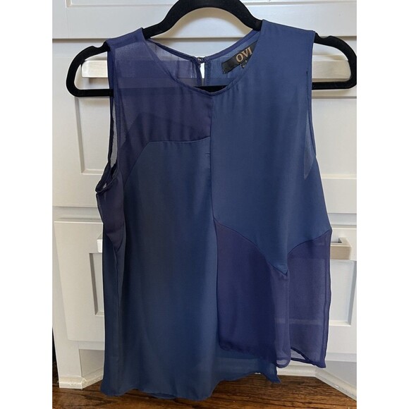 OVI Women’s Sleeveless Blouse Navy Blue Sheer Panels Asymmetrical Hem Size Small - Picture 1 of 3